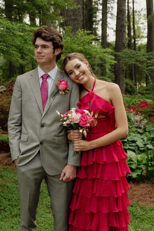 A-Line Halter Neck Ruffles Fuchsia Long Prom Dress, Beautiful Party Dress CHP0389