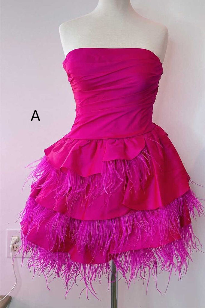 Hot Pink Strapless Multi-Tiered Mini Homecoming Dress chh0171