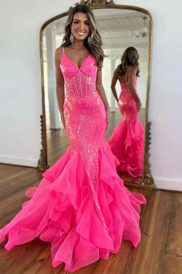 Sparkly Mermaid Spaghetti Straps Hot Pink Prom Dress, Formal Party Gown CHP0372