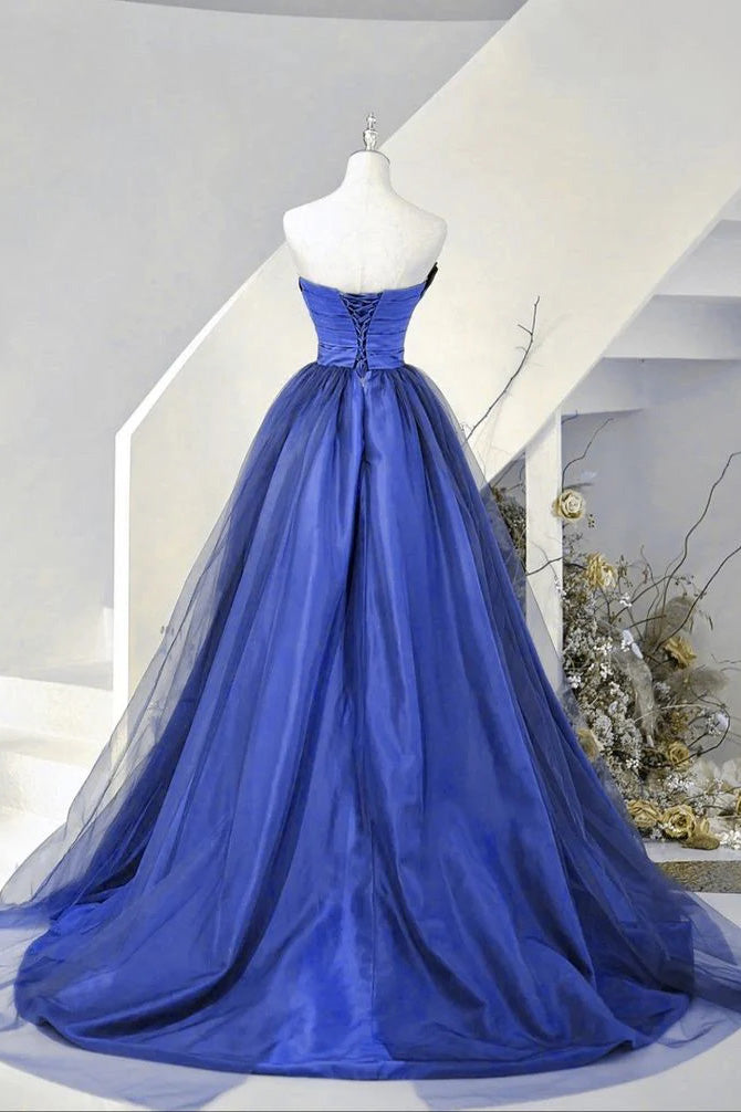 Blue Satin And Tulle Long Party Dress Prom Dress, Blue Evening Dress CHP0382