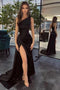 Simple Black Long One Shoulder Slit Mermaid Prom Dresses Evening Dresses CHP0374