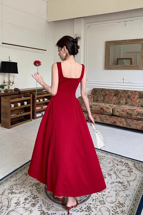 Burgundy Ankle Length Square Neck Sleeveless Stretch Satin Prom Dress CHP0385