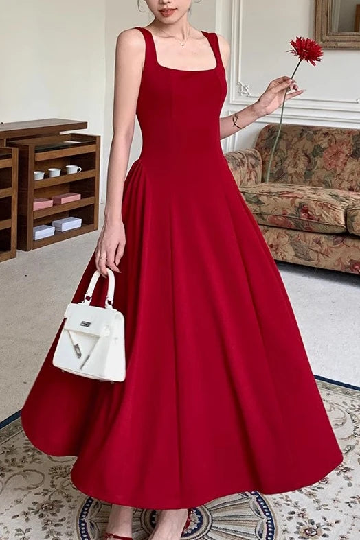 Burgundy Ankle Length Square Neck Sleeveless Stretch Satin Prom Dress CHP0385