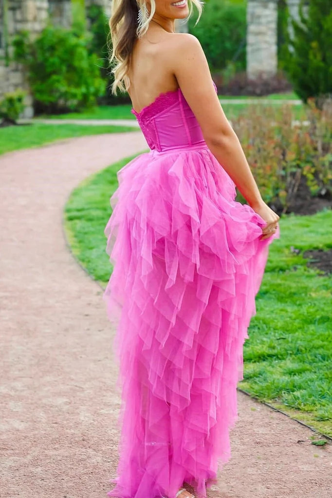 Sweetheart A-Line Hot Pink Tulle Ruffle Lace Long Prom Dresses, Slit Long Formal Gown CHP0356