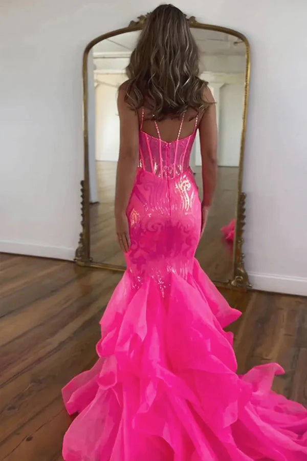 Sparkly Mermaid Spaghetti Straps Hot Pink Prom Dress, Formal Party Gown CHP0372