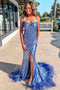 Blue Sequin Feather Lace Up Back Mermaid Long Prom Dress with Slit CHP0392