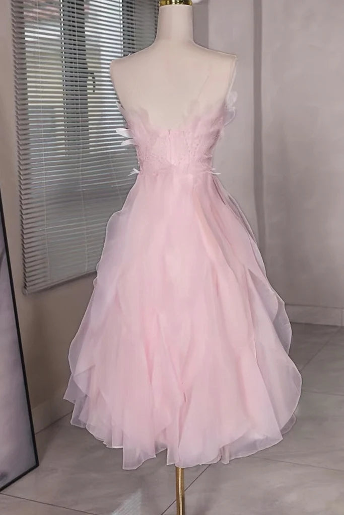 Princess Pink Beaded Ruffle Short Prom Dress Organza Homecoming Dress, Cute Party Dress chh0167