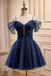 Dark Blue Spaghetti Straps Short Tulle Hoco Dress With Beading, Sweet 16 Dresses chh0176