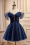 Dark Blue Spaghetti Straps Short Tulle Hoco Dress With Beading, Sweet 16 Dresses chh0176