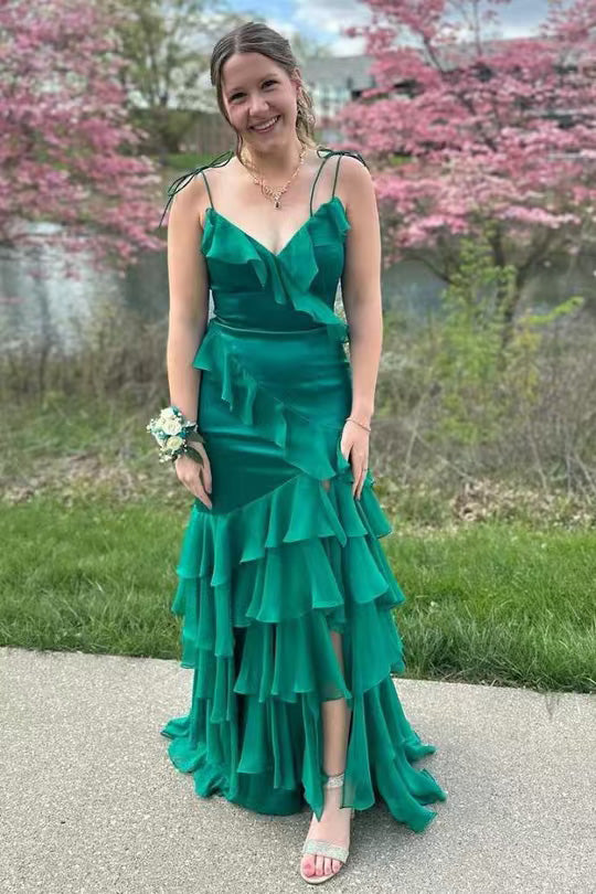 Emerald Green V-Neck Ruffle Long Prom Dress with Slit, Evening Dresses CHP0405