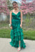 Emerald Green V-Neck Ruffle Long Prom Dress with Slit, Evening Dresses CHP0405