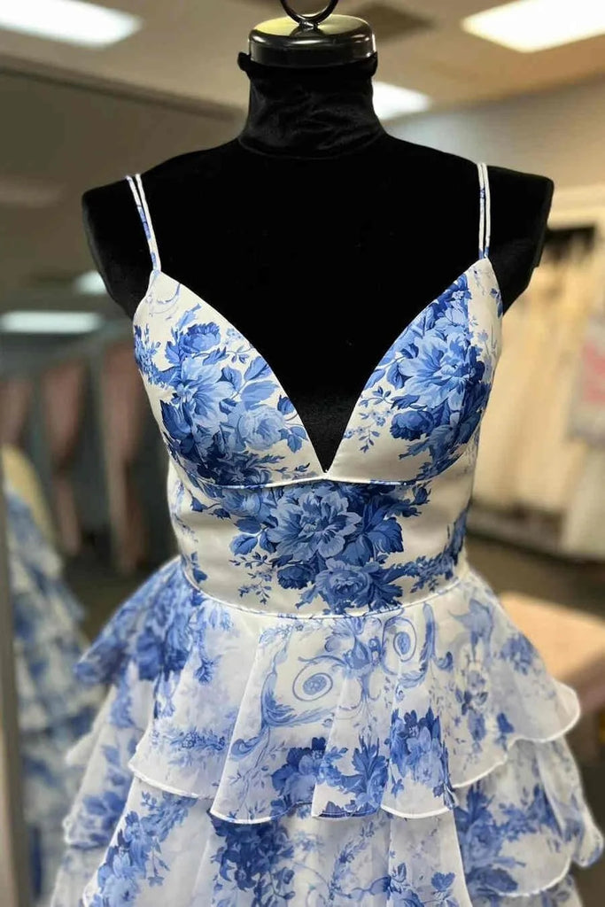 A-line Straps Blue Floral Print Prom Dresses, Layered Slit Graduation Gown CHP0369