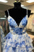 A-line Straps Blue Floral Print Prom Dresses, Layered Slit Graduation Gown CHP0369