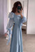 Light Blue Square Collar Belt Flare Sleeve Pleated Long Prom Dress , Formal Gown CHP0366