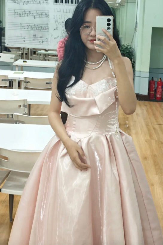 Glitter A-Line Pink Satin  Long Prom Dress, Formal Dress With Lace CHP0401