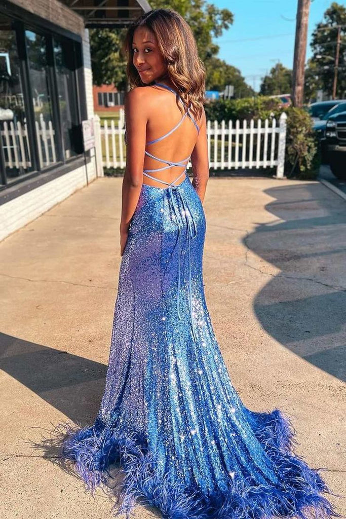 Blue Sequin Feather Lace Up Back Mermaid Long Prom Dress with Slit CHP0392