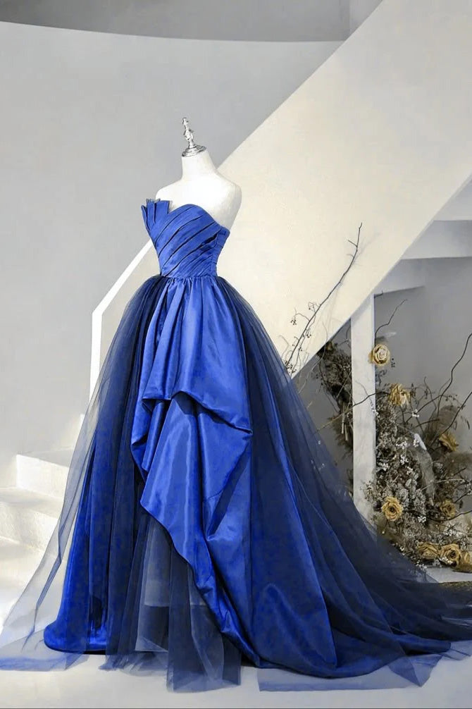 Blue Satin And Tulle Long Party Dress Prom Dress, Blue Evening Dress CHP0382