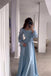 Light Blue Square Collar Belt Flare Sleeve Pleated Long Prom Dress , Formal Gown CHP0366