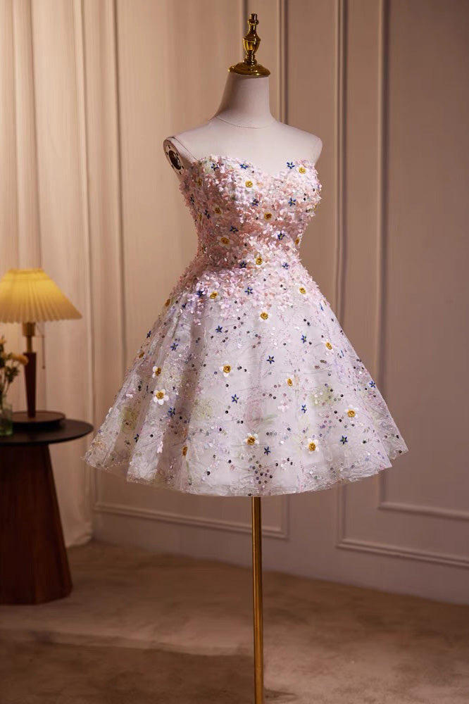 Short Strapless A-Line Homecoming Dress With 3D flowers, Cute Party Dress chh0166