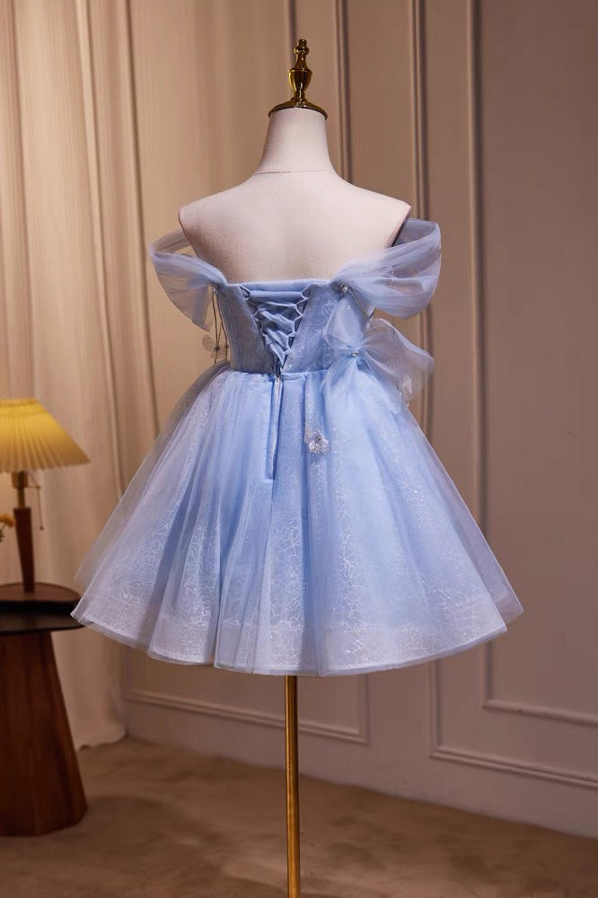 Off-the-Shoulder Blue Tulle Mini Homecoming Dress chh0169