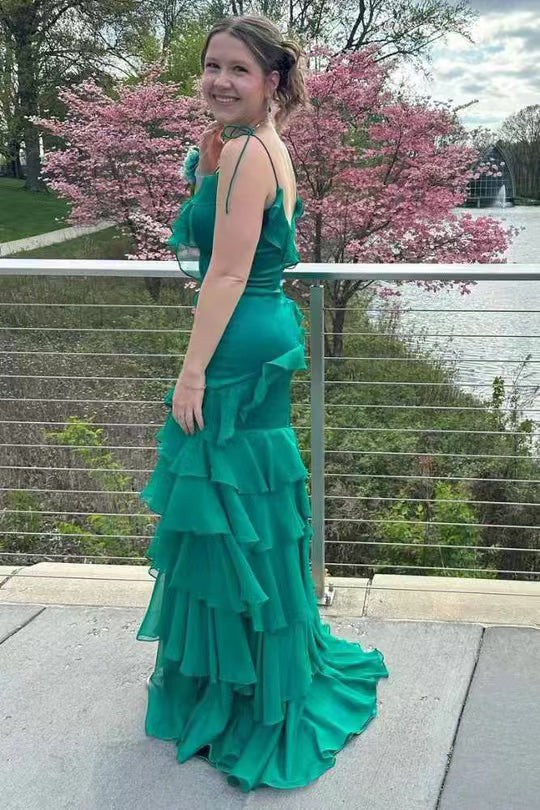 Emerald Green V-Neck Ruffle Long Prom Dress with Slit, Evening Dresses CHP0405