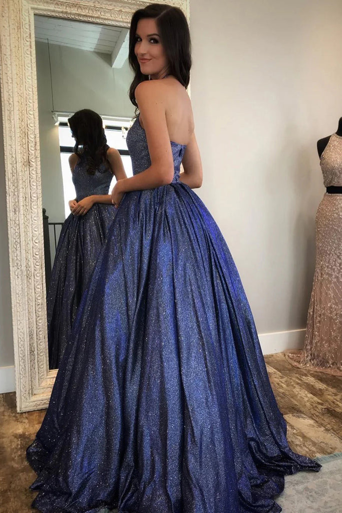 Glitter A Line Navy Blue Prom Dresses Halter Long Evening Gown CHP0390