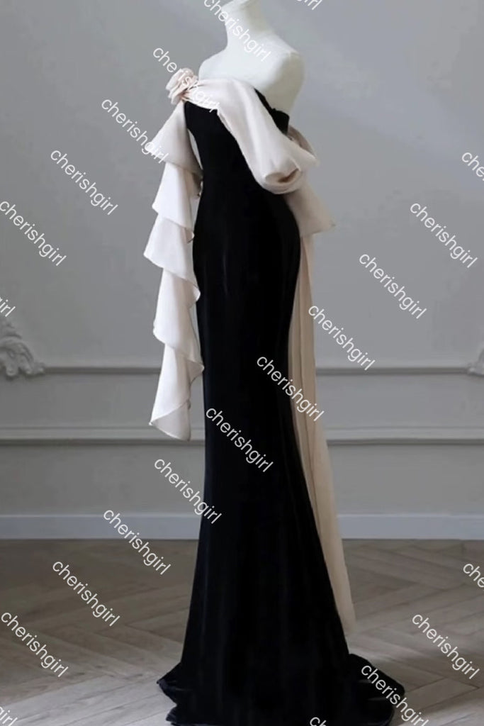 Black Mermaid One-Shoulder Long Prom Dress With Flower, Evening Dresses CHP0406