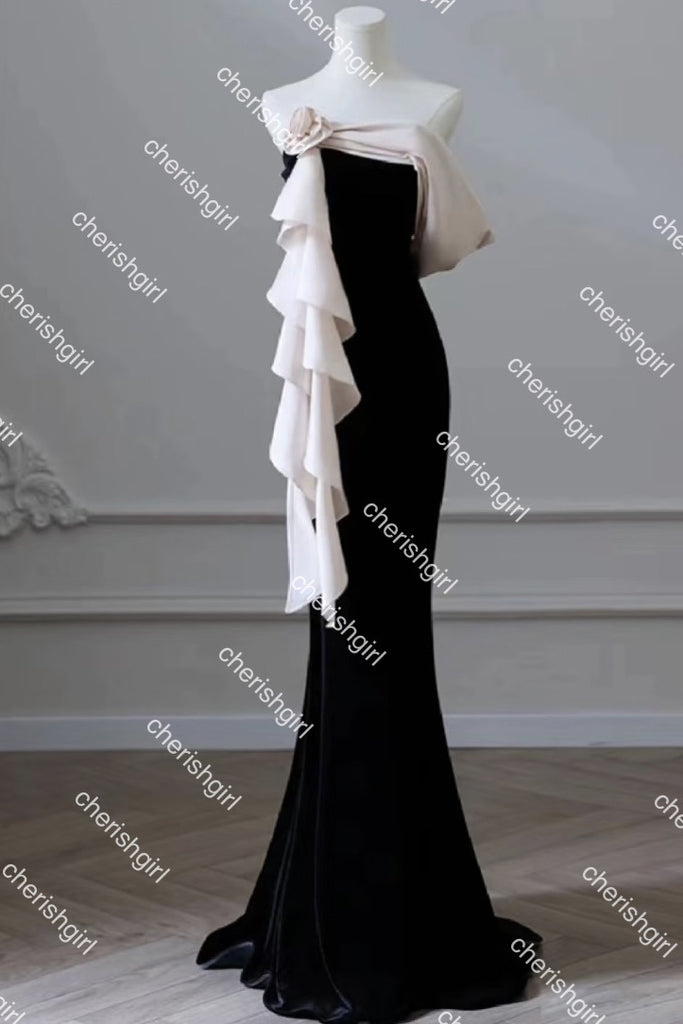 Black Mermaid One-Shoulder Long Prom Dress With Flower, Evening Dresses CHP0406