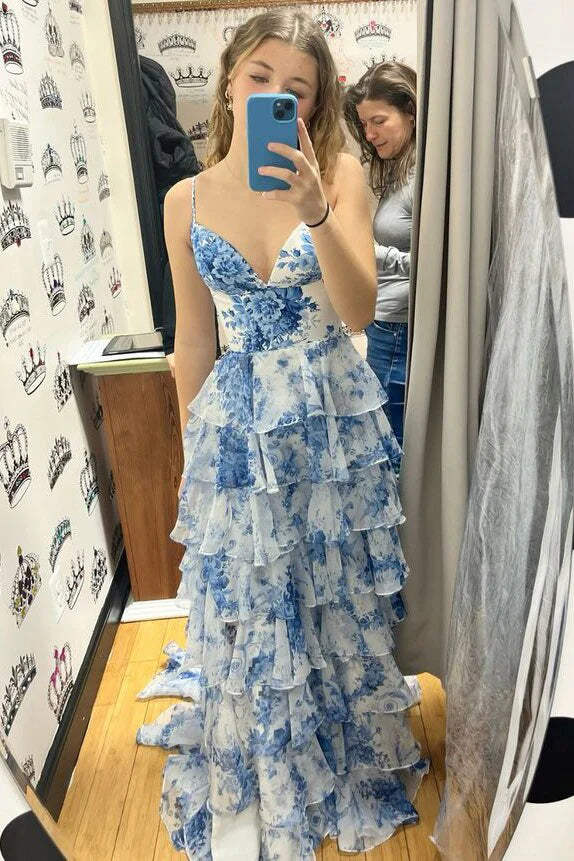 A-line Straps Blue Floral Print Prom Dresses, Layered Slit Graduation Gown CHP0369