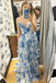 A-line Straps Blue Floral Print Prom Dresses, Layered Slit Graduation Gown CHP0369