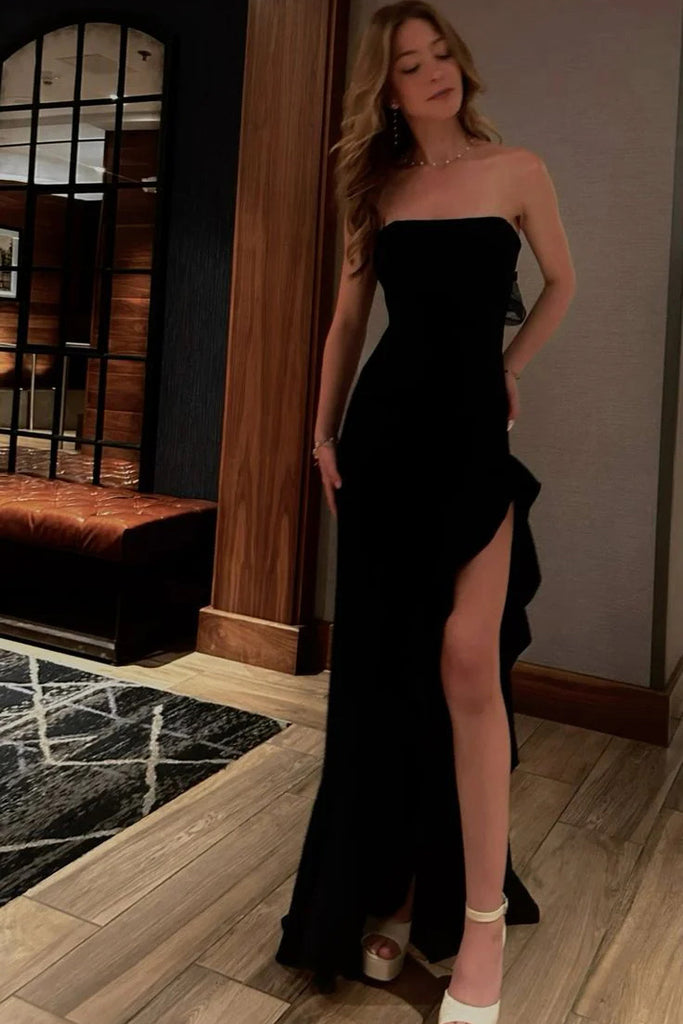 Mermaid Black Srapless Prom Dress With Slit, Evening Dress CHP0380