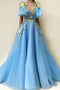 Blue Tulle Long Prom Dress with Applique, Formal Evening Dress CHP0200