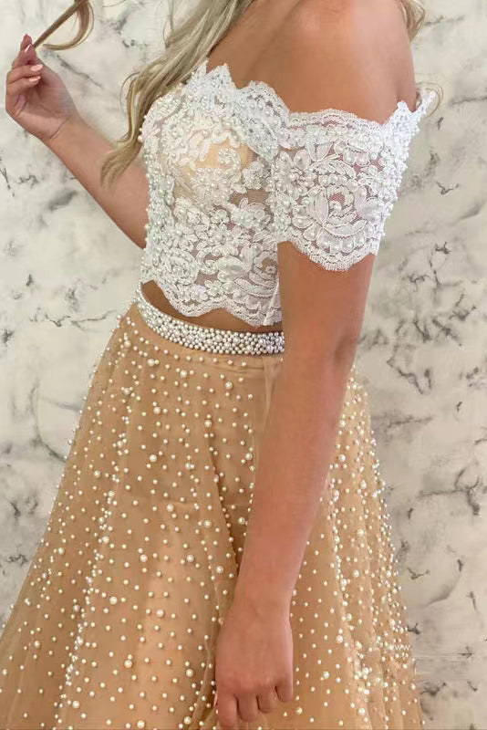 Two Piece Lace Tulle Prom Dresses With Beaded,Off-the-Shoulder Evening Gown CHP0156