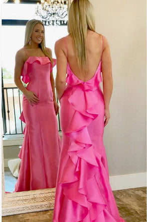 Hot Pink Spaghetti Straps Satin Mermaid Prom Dress with Slit