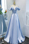 Blue Satin Simple Off Shoulder Long Party Dress 2021, A-Line Light Blue Prom Dresses chp0020