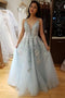 A-Line V-Neck Spaghetti Straps Light Blue Prom Dresses,Long Formal Dresses With Applique chp0082