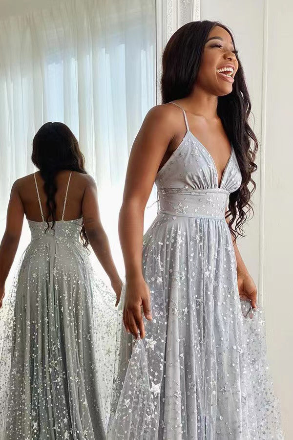 Full Length Silver Sequins V-Neck Evening Gown Prom Dress