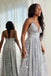 Silver Tulle Spaghetti Straps V-neck Long Prom Dress With Slit,,Evening Gown CHP0157