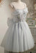 A Line Light Blue Tulle Homecoming Dress with Beading, Cute Bowknot Mini Prom Gown CHH0066