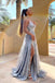 Silver Tulle Spaghetti Straps V-neck Long Prom Dress With Slit,,Evening Gown CHP0157