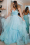 Princess Tiffany Blue Tulle Spaghetti Straps V Neck Prom Dresses, Long Party Gown CHP0179