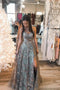 A line V-Neck Gray Tulle Long Prom Dress With Lace,Spaghetti Straps Evening Gown CHP0116