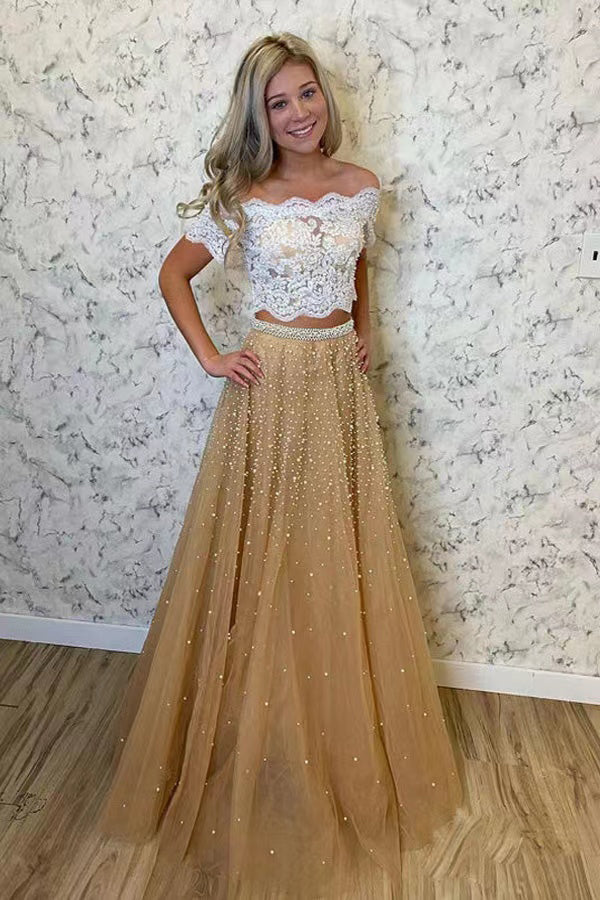 Two Piece Lace Tulle Prom Dresses With Beaded,Off-the-Shoulder Evening Gown CHP0156