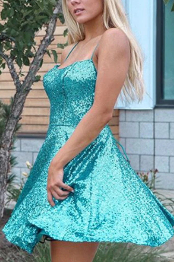 Spaghetti Straps Blue Sequins Short Homecoming Dress,Mini Dress chh0064