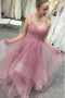 Glitter Asymmetrical Spaghetti Straps Pink Long Prom Dresses Backless Formal Gown chp0006