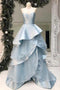 Light Blue Strapless Sleeveless Prom Dresses,A Line Tiered Satin Evening Dresses CHP0092