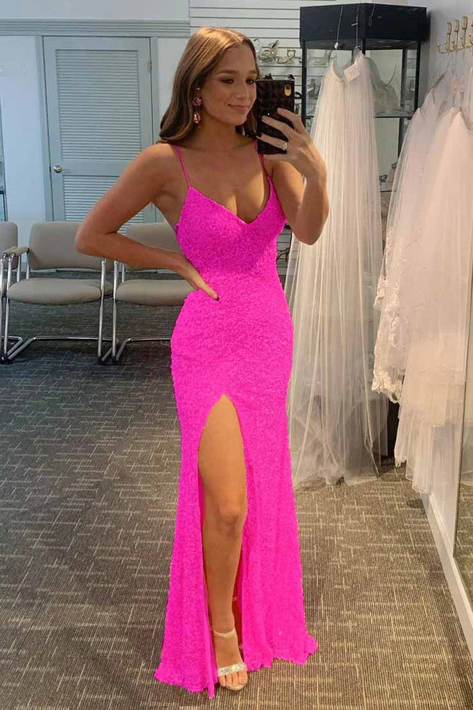 Hot Pink Sheath Floor-Length Sweetheart Spaghetti Sleeveless Prom Dress,Long Backless Party Dress CHP0091