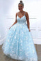 Spaghetti Straps Sleeveless Floor Length Prom Dress, Sky Blue Appliques Lace Prom Dresses UQ2473