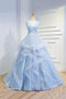 Puffy V Neck Sleeveless Tulle Prom Dress with Appliques, Long Quinceanera Dress UQ2518