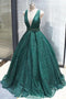 Sparkly A-Line V Neck Dark Green Sequined Long Prom Dresses Evening Party Dresses CHP0064